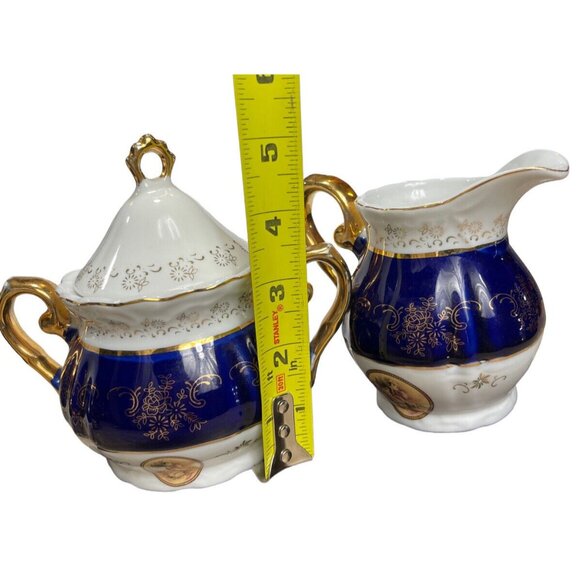 Vtg Italian Design Victorian Teapot Creamer Sugar Fine Porcelain Blue White Gold - Picture 7 of 12